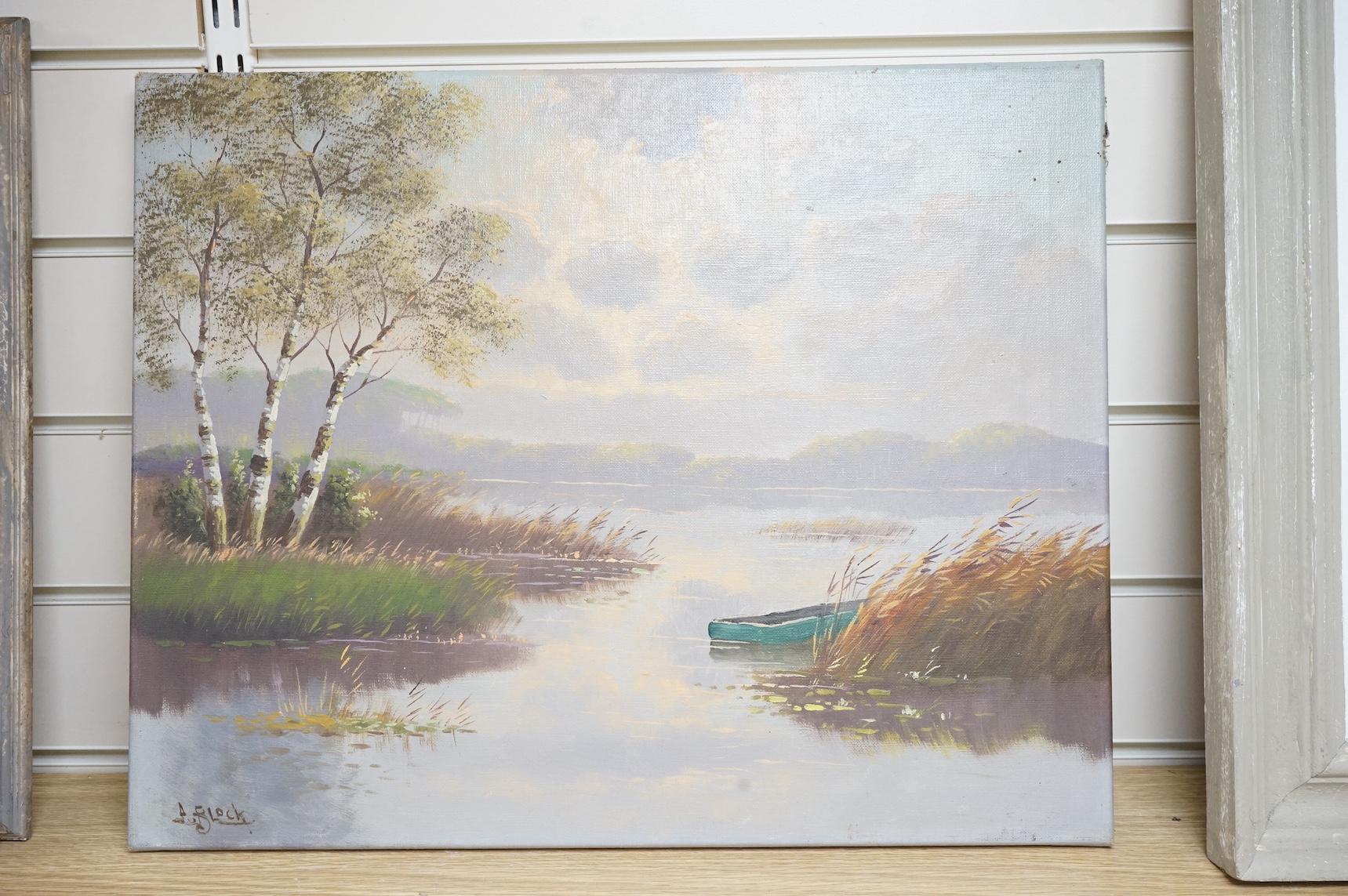 A. Block, oil on canvas, Riverscape, signed, 40 x 50cm, unframed. Condition - fair/good